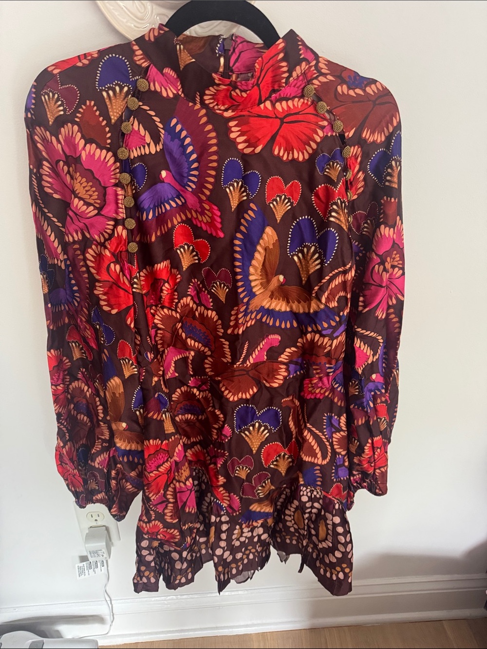 FARM Rio Brown Floral High-Neck Tunic with Red, Pink & Purple Accents